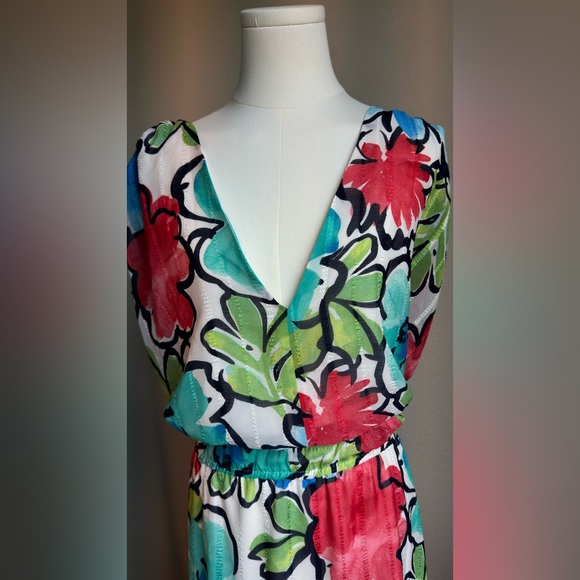 MAGGY LONDON White Floral Print V-Neck Stretch Waist A-Line Midi Dress 24W. New - Picture 6 of 12